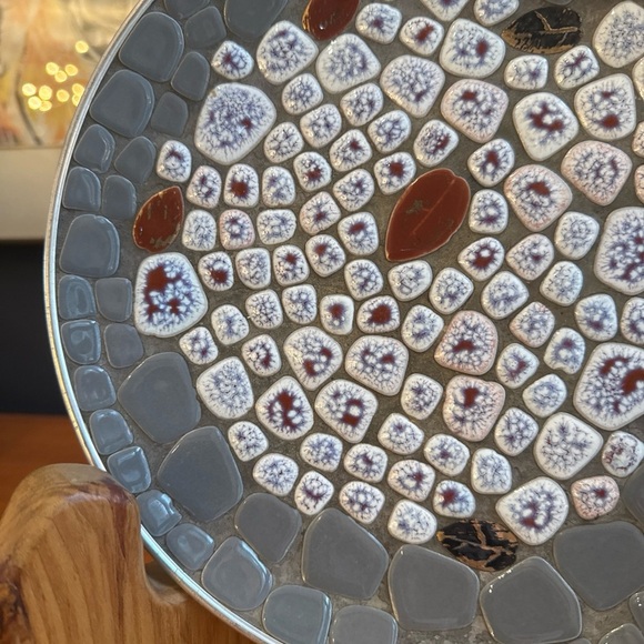 Mid Century 10” Round Mosaic Tray/ Plate Gray brown White and Leaf Tiles - Picture 4 of 11